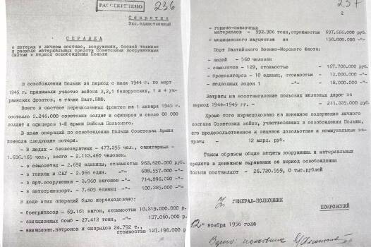 Справка о потерях и расходах в период освобождения Польши