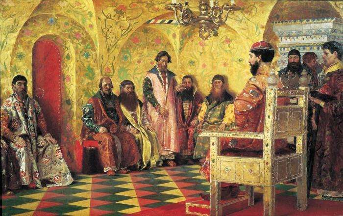 А.П. Рябушкин. Сидение царя Михаила Фёдоровича с боярами в его государевой комнате. 1893.