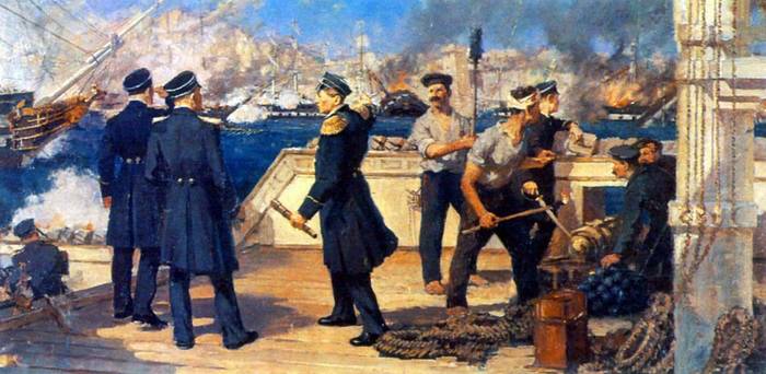 «Павел Нахимов во время Синопского сражения 18 ноября 1853 г.» Картина художника Никиты Медовикова, 1952 г.