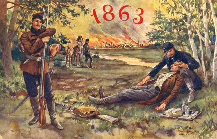 Второе крупное восстание в Польше, вспыхнувшее в 1863 году, стало главной причиной отмены конкордата между Российской империей и Ватиканом. Польская почтовая открытка, 1860-е