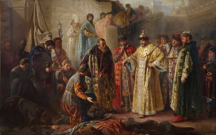 Посланники от Ермака на красном крыльце перед Иваном Грозным. Картина С. Р. Ростворовского, 1884 год