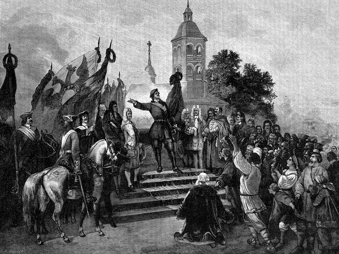 «Петр I объявляет Ништадтский мир на Троицкой площади в Санкт-Петербурге». Гравюра Юлиана Шюблера по рисунку Адольфа Шарлеманя, журнал «Нива», 1901 год