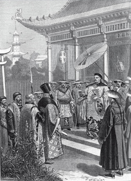 «Русские послы XVII века в Китае» (Посольство Николая Спафария, 1675 год). Гравюра Адольфа Неймана по рисунку художника Рудольфа Штерна, иллюстрация из журнала «Нива», №42 за 1886 год